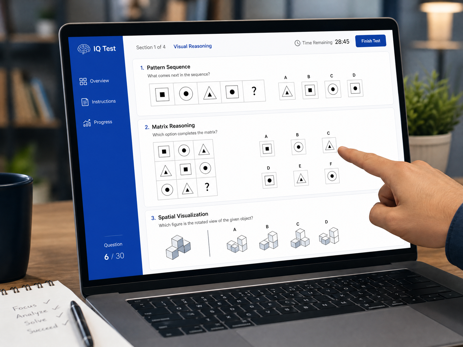IQ Test — Logical reasoning, numerical intelligence, visual-spatial reasoning, pattern recognition